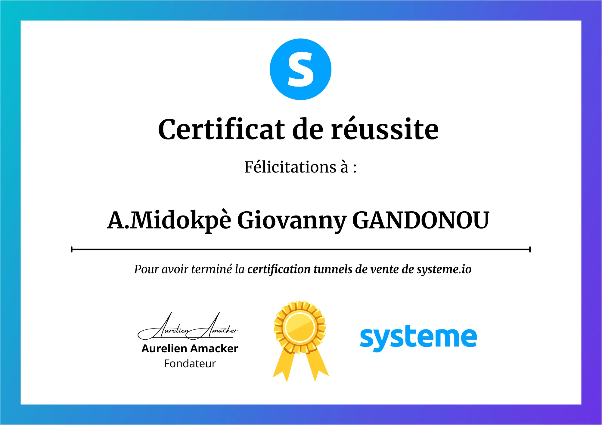 Certificat d'expertise de Giovanny Gandonou
